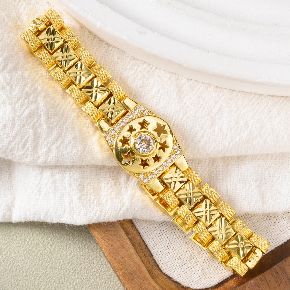 Middle Eastern Directional Zirconia Hollow Starburst Watch Chain Bracelet
